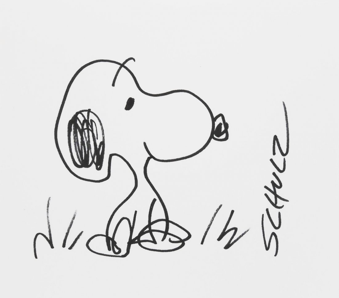 Charles M. Schulz (1922-2000) Snoopy Drawing: Original drawing of "Snoopy", black felt-tip pen, by/attributed to Charles Schulz (1922-2000). Signed. 5 1/4 x 6 inches. Hinge remnants to reverse, otherwise excellent condition. Currently unframed.Pr