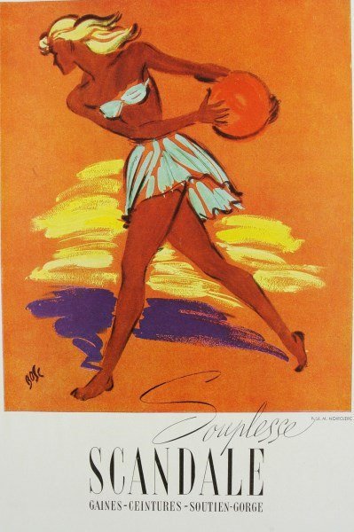 Original Color Advertisement, French, C. 1945-50: Full color vintage advertisement for Scandale, French, circa late 1940's. 14 3/8 x 9 3/8 inches. Excellent condition. Unframed.
