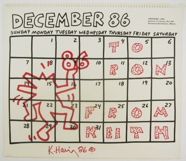 Keith Haring (1958-1990) Calendar Page Drawing: Original red marker pen drawing, untitled (Dancing Dog), by/attributed to Keith Haring (1958-1990) and executed on the "December" page from a calendar designed by Haring in 1986. Signed. Probably crea