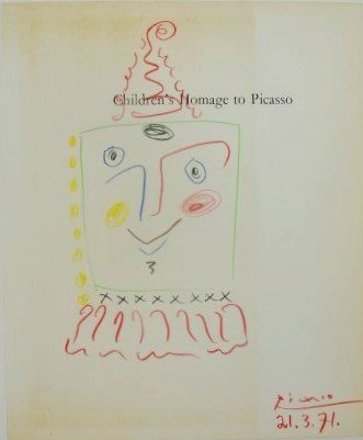 Pablo Picasso (1881-1973) Clown Sketch: Original colored pencil drawing of a clown, executed on a printed page from "Children's Homage to Picasso," attributed to Pablo Picasso (1881-1973). Signed and dated 1971, lower right. Old hinge remna