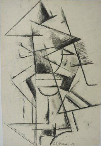 Lee Krasner (1908-1984) Charcoal On Paper: Original charcoal drawing on wove paper, untitled (abstract), by/attributed to Lee Krasner (1908-1984). Signed and dated '39. 16 3/4 x 11 5/8 inches. Very good overall condition (pin holes to each of