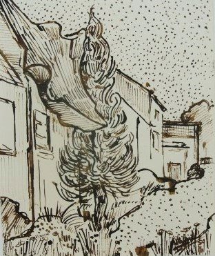 Vincent Van Gogh (1853-1890) Brown Ink Drawing: Dark brown ink drawing on fine laid drawing paper (having no apparent watermark), Landscape with Buildings, attributed to/in the manner of Vincent van Gogh (1853-1890). Signed lower left. 7 ¼ x 6 1/8