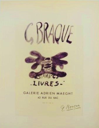 Georges Braque (1882-1963) Signed Lithograph: Original color offset lithograph printed in 1959 at the Impri Merie Nationale de France, by Mourlot Freres. After the poster by Georges Braque originally published in 1958. Signed. Sheet size: 12 x 9 