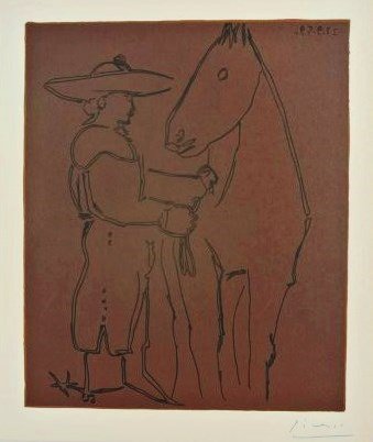 Pablo Picasso (1881-1973) Linoleum Cut: Picador and Horse. Facsimile color linoleum cut, Abrams edition, 1962, after the original by Pablo Picasso (1881-1973), created under the direction of the artist using the original linocut prints prod