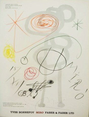 Joan Miro (1893-1983) Crayon Drawing: Original crayon drawing, untitled abstract, attributed to Joan Miro (1893-1983). Signed twice, once in crayon, once in pencil, and dated '68. Executed on the title page of "Miro" by Yves Bonnefoy, pub