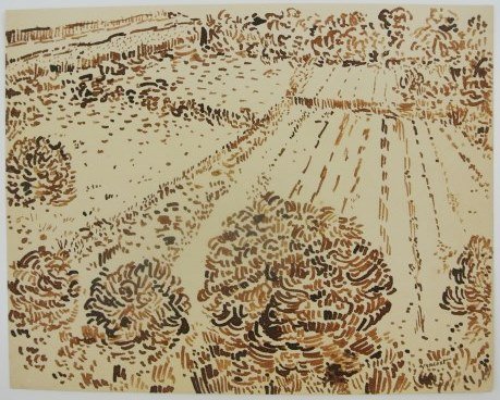 Vincent Van Gogh (1853-1890) Brown Ink On Paper: Brown ink drawing on wove paper, Landscape with Fields, attributed to/in the manner of Vincent van Gogh (1853-1890). Signed lower right. 7 x 8 7/8 inches. Hinge remnants to reverse, otherwise very goo