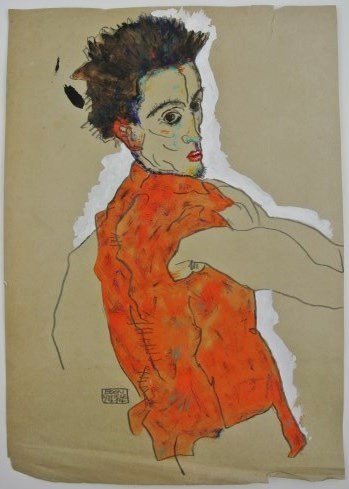 Egon Schiele (1890-1918) Pencil & Gouache: Original pencil and gouache on grey-green drawing paper, Self-Portrait, attributed to/in the manner of Egon Schiele (1890-1918). Signed and dated 1914. 14 3/8 x 10 1/8 inches. Very good condition. Pre