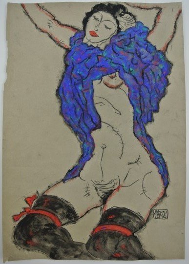 Egon Schiele (1890-1918) Gouache & Charcoal: Original gouache and charcoal (or black pencil) on grey-green drawing paper, Reclining Female, attributed to/in the manner of Egon Schiele (1890-1918). Signed and dated 1914. 14 1/8 x 9 7/8 inches. Ve