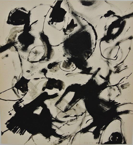 Richard Diebenkorn (1922-1993) Ink On Paper: Black ink on wove drawing paper, untitled, attributed to/manner of Richard Diebenkorn (1922-1993). Signed with the artist's initials and dated. 10 7/8 x 10 1/4 inches. Very good condition. Old hinge r