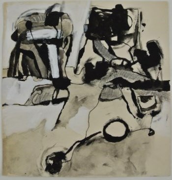 Richard Diebenkorn (1922-1993) Mixed Media: Ink, gouache, charcoal, and graphite on paper, untitled, attributed to Richard Diebenkorn (1922-1993). Signed with the artist's intials and dated. 9 3/4 x 9 1/4 inches. Very good overall condition. Sm