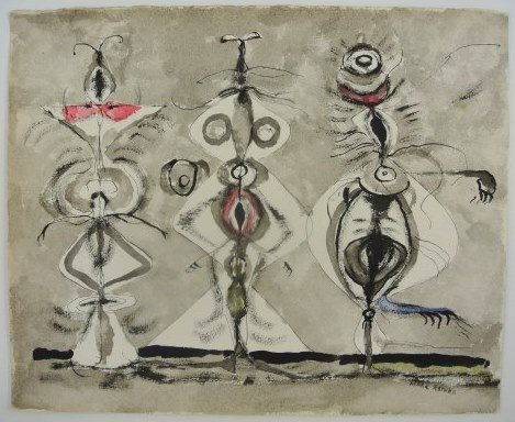 Mark Rothko (1903-1970) Surrealist Ink On Paper: Black ink drawing with ink wash and watercolor, three surrealist figures, attributed to Mark Rothko (1903-1970). Signed, probably circa 1943-1950. 9 5/8 x 11 7/8 inches. Very good condition. Hinge rem