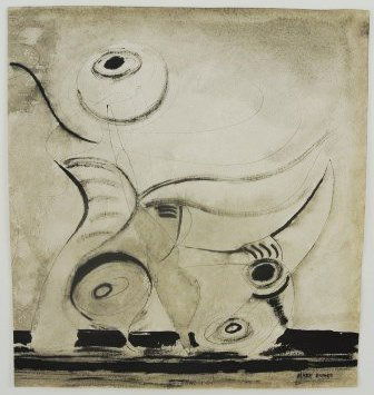 Mark Rothko (1903-1970) Surrealist Ink Drawing: Black ink drawing with wash, surrealist figures, attributed to Mark Rothko (1903-1970). Signed, probably circa 1943-1950. 9 3/4 x 9 inches. Very good condition. Hinge remnants on reverse. Currently un