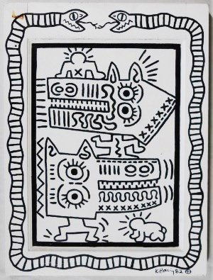Keith Haring (1958-1990) Painting On Found Panel: Original black acrylic painting executed on a white-painted reclaimed cupboard panel, untitled (Serpents and Figures), by/attributed to Keith Haring (1958-1990). Signed and dated. Affixed to the rever