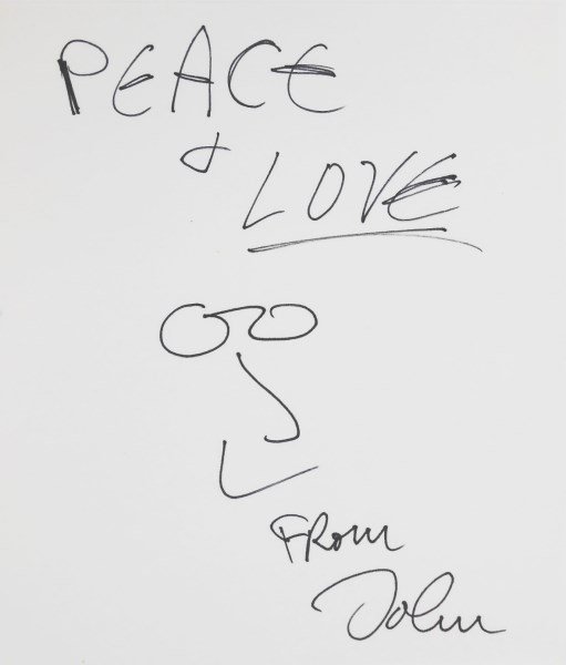 John Lennon (1940-1980) Original Pen Sketch: Whimsical doodle, black marker pen on paper, by/attributed to John Lennon (1940-1980). Inscribed "Peace & Love" and signed "From John." 7 x 6 inches. Hinge marks to reverse, otherwise excellent condit