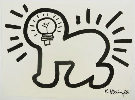 Keith Haring (1958-1990) "Radiant Baby": Sumi ink drawing on off white drawing paper, "Radiant Baby," by/attributed to Keith Haring (1958-1990). Signed and dated '88. 8 x 11 inches. Very good condition. Hinge remnants on reverse. Currently u