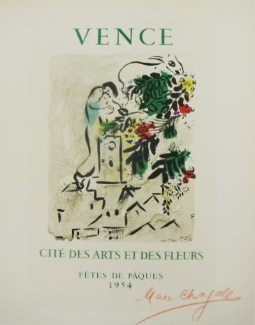 Marc Chagall (1887-1985) Signed Lithograph: Color offset lithograph printed in 1959 at the Impri Merie Nationale de France, by Mourlot Freres. After the poster, "Vence, Cite des Arts et des Fleurs," by Marc Chagall. Signed in red pencil. Sheet 