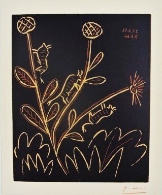 Pablo Picasso (1881-1973) Linoleum Cut: Bull-Flower. Facsimile color linoleum cut, Abrams edition, 1962, after the original by Pablo Picasso (1881-1973), created under the direction of the artist using the original linocut prints produced b