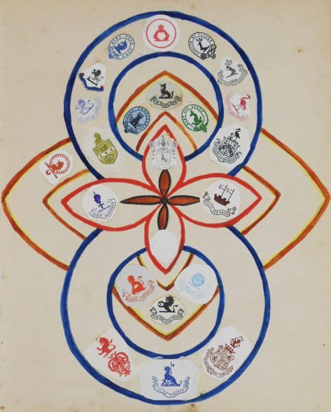19th Century Watercolor With Collage: 19th century mystical society watercolor with collage elements cut from period stationary containing fraternal emblems and coats-of-arms. 8 1/2 x 6 3/4 inches. Good over all condition. Currently unfra