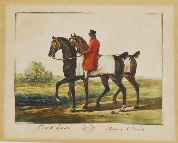 19th Century Color Engraving: Color engraving, "Coach Horses," French, circa mid/late 19th century. 6 1/2 x 8 inches. Mat burns to margins, otherwise excellent condition. Unframed.