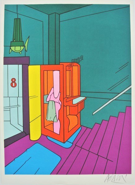 Valerio Adami (b. 1935) Signed Color Lithograph: Color lithograph, untitled composition, by Valerio Adami (b. 1935). Pencil signed, lower right. Printed in 1970 by Derriere Le Miroir. Text on reverse, as published. 15 x 11 inches. Excellent conditio