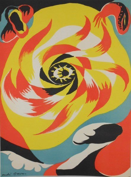 Andre Masson (1896-1987) Color Lithograph: Lithograph in colors, "The Sun," by Andre Masson (1896-1987). Printed in 1938 for Verve, Paris. 14 x 10 1/4 inches. Excellent condition. Colors are very fresh and bright. Unframed.