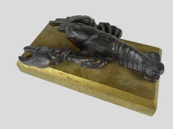 Antoine-Louis Barye (1796-1875) Bronze Lobster: Bronze figure of a lobster. L. 5 3/4 inches. W. 3 3/8 inches. Signed. Possibly a restrike. On a bronze base. Lot Note: Antoine-Louis Barye (1796-1875) was a French sculptor most famous for his work as