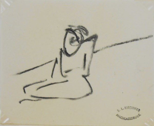 Ernst Kirchner (1880-1938) Charcoal Drawing: Charcoal sketch executed on very thin white drawing paper, study of a seated woman, attributed to/in the manner of Ernst Ludwig Kirchner (1880-1938). Estate stamp lower right. 4 1/8 x 5 inches. Very g