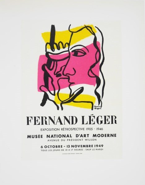 Fernand Leger (1881-1955) Offset Lithograph: Offset lithograph, "Exposition Retrospective 1905-1946," by Fernand Leger (1881-1955). The present lot printed in 1959 after the original from 1949. 12 x 9 1/2 inches. Excellent condition. Unframed.