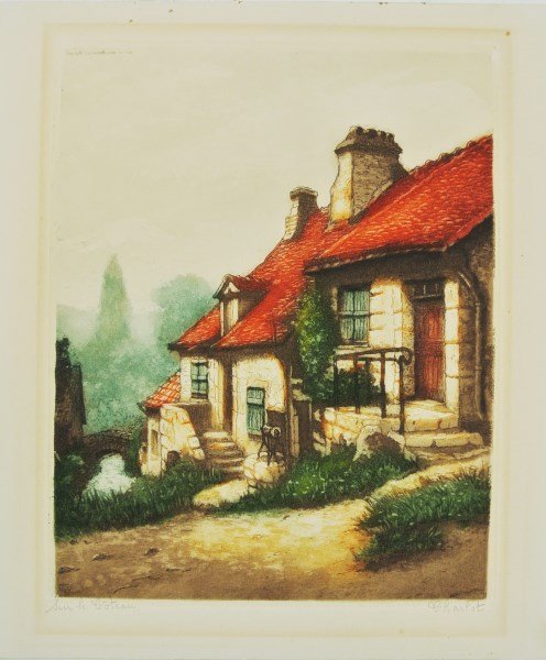 Camilla Lucas Color Engraving, 1935: Color engraving, "Sur le Coteau," by Camilla Lucas, 1935. Sheet size: 12 3/4 x 10 3/4 inches. Excellent condition. Unframed.
