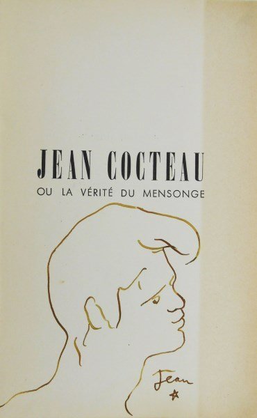 Jean Cocteau (1889-1963) Brown Ink Drawing: Brown ink drawing executed on the title page of "Jean Cocteau: Ou La Verite Du Mensonge", portrait of a youth, by/attributed to Jean Cocteau (1889-1963). Signed lower right. 7 1/4 x 4 1/2 inches. Very