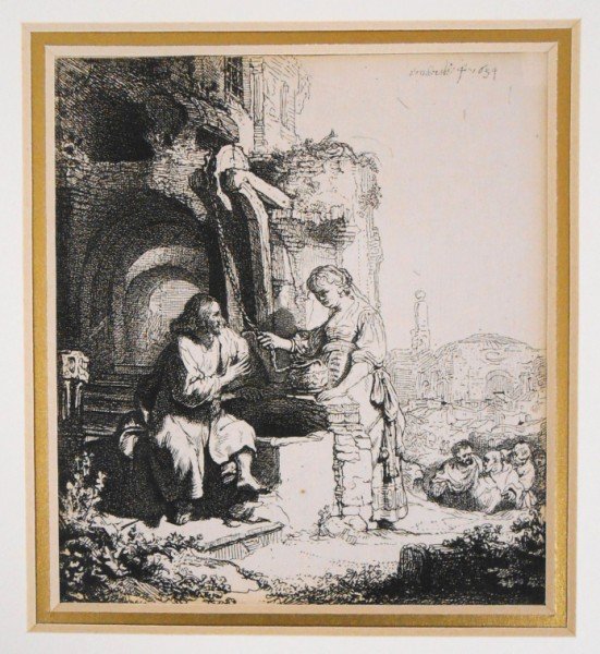 Rembrandt Van Rijn (1606-1669) Etching: Copper etching or engraving after Rembrandt van Rijn (1606-1669). Plate signed and dated 1634 upper right. Approximate dimensions: 4 3/4 x 4 1/4 inches. Appears to be in very good condition. 19th cent