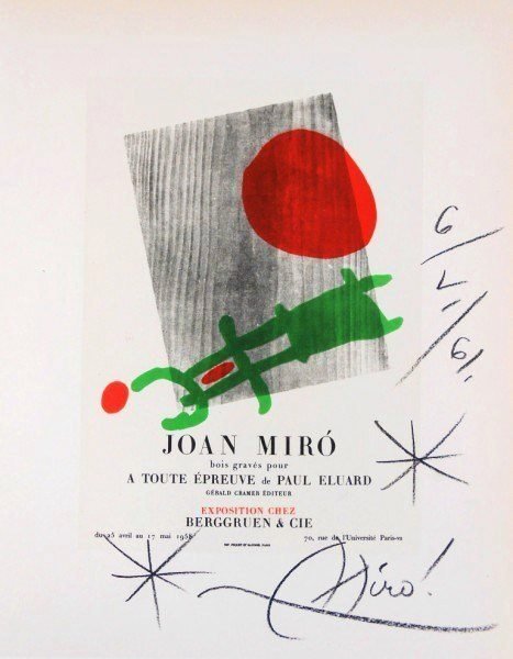 Joan Miro (1893-1983) Signed Original Lithograph: Signed color lithograph printed in 1959 at the Impri Merie Nationale de France, by Mourlot Freres. After the poster, "A Toute Epreuve," by Joan Miro. Bearing signature, date, and original sketch attri