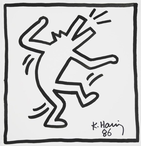 Keith Haring (1958-1990) Sumi Ink On Paper: Sumi ink drawing on heavy paper, dancing barking dog, by/attributed to Keith Haring (1958-1990). Signed and dated '86, lower right. 7 3/4 x 7 1/2 inches. Very good condition. Unframed.Lot Note: The pr