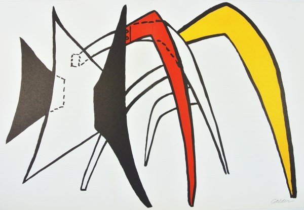 Alexander Calder (1898-1976) Signed Lithograph: Double-page (center fold) color lithograph, untitled, by Alexander Calder (1898-1976). Pencil signed. Published in 1963 by Derriere Le Miroir. 15 x 22 inches. Text on reverse, as printed. Excellent co