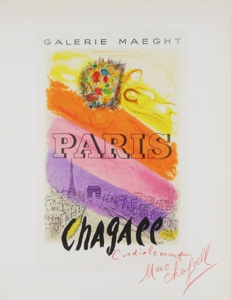Marc Chagall (1887-1985) Signed Lithograph: Offset color lithograph, "Paris," by Marc Chagall (1887-1985). Signed in red pencil, lower right. 12 1/8 x 9 3/8 inches. Excellent condition. Unframed. Lot Note: This print was originally published un