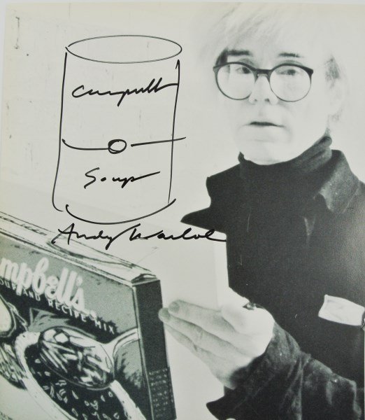 Andy Warhol (1928-1987) Souvenir Soup Can Drawing: Black marker pen drawing of a soup can executed on a photograph of the artist as published in "Warhol Campbell's Soup Boxes," by/attributed to Andy Warhol (1928-1987). Signed. 11 x 9 1/2 inches. Hinge