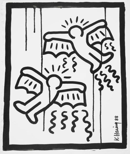 Keith Haring (1958-1990) Sumi Ink Drawing: Sumi ink on heavy white paper, flying figures, by/attributed to Keith Haring (1958-1990). Signed along lower right edge and dated '88. 12 3/4 x 10 1/2 inches. Hinge remnants to reverse, otherwise exce