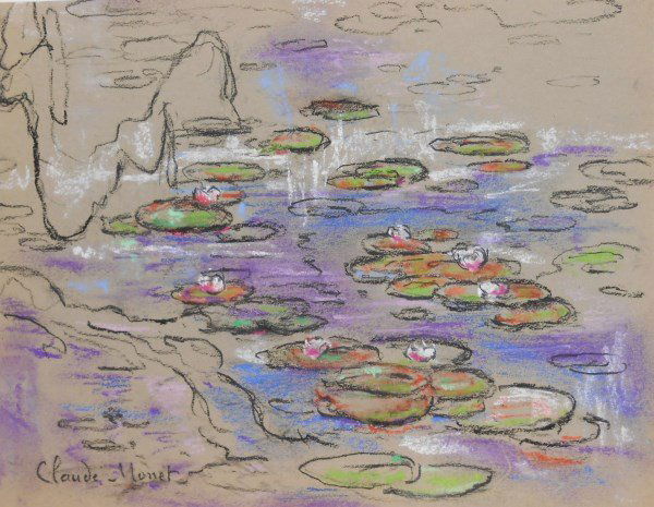 Claude Monet (1840-1926) Charcoal & Pastel: Charcoal and pastel drawing on grey paper, water lilies, attributed to/in the manner of Claude Monet (1840-1926). Signed. 7 1/4 x 9 3/8 inches. Generally good condition overall (some slight chalk flak