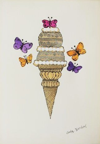 Andy Warhol (1928-1987) Ink & Collage: Black ink with watercolor, metallic paint, and collage on white wove paper, Ice Cream Cone with Butterflies, by/attributed to Andy Warhol (1928-1987). Probably circa 1955-1965. Signed lower right. 13