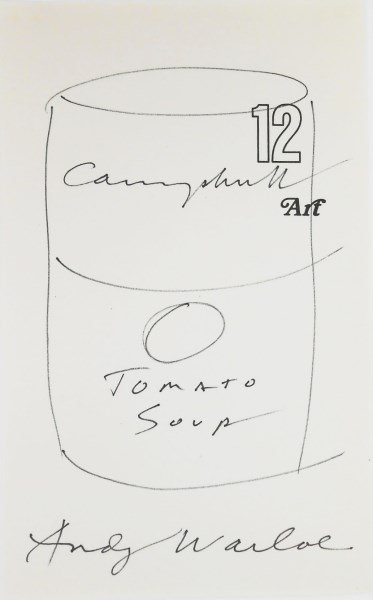 Andy Warhol (1928-1987) Soup Can Drawing: Felt-tip pen souvenir sketch, Campbell's tomato soup can, by/attributed to Andy Warhol (1928-1987). Signed. Executed on a page from Warhol's, "The Philosophy of Andy Warhol," circa 1975. Hinge remnant