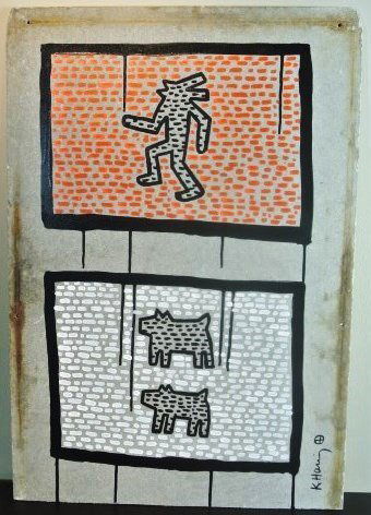 Keith Haring (1958-1990) Painting On Cement Board: Black, orange, and white acrylic painting executed on a reclaimed piece of grey cement-like building panel, untitled (Standing & Dancing Dogs), by/attributed to Keith Haring (1958-1990). Signed. [Bear