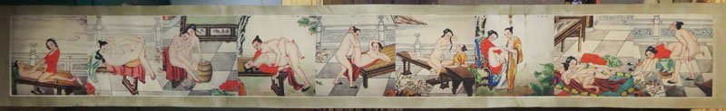Antique Chinese Erotic Scroll: Antique Chinese erotic scroll. Signed. Minor staining to one panel. Otherwise good overall condition. L. 98 inches W. 10 inches.