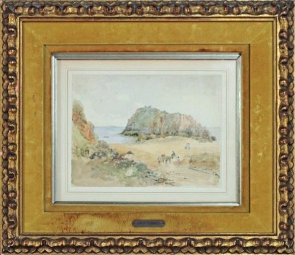 J.M.W. Turner (1775-1851) Watercolor: Watercolor on paper, The Rock At Tenby, attributed to J.M.W. Turner (1775-1851). Unsigned. Titled on the back of the frame and dated 1829. Approximate dimensions (watercolor only): 8 x 11 inches. Very