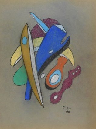 Fernand Leger (1881-1955) Pastel: Graphite and pastel on greyish paper, untitled abstract, attributed to/in the manner or style of Fernand Leger (1881-1955). Signed with the initials and dated '48, lower right. 11 1/2 x 8 5/8 inches.