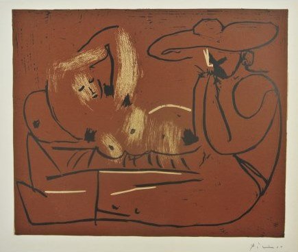 Pablo Picasso (1881-1973) Linoleum Cut: Reclining Woman and Picador Eating Grapes. Facsimile color linoleum cut, Abrams edition, 1962, after the original by Pablo Picasso (1881-1973), created under the direction of the artist using the orig