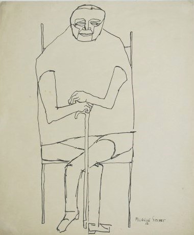 Michelle Stuart (b. 1938) Ink Drawing: Pen and ink drawing, seated figure with cane, by Michelle Stuart (b. 1938). Signed and dated, lower right. 16 3/4 x 13 3/4 inches. Unframed. Very good condition overall.