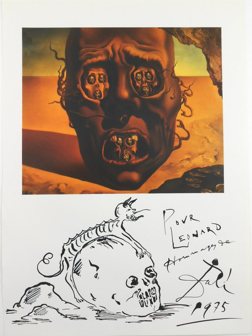 Salvador Dali (1904-1989) Pen & Ink: Pen and black ink on printed book page, human skull with devil figure, attributed to/in the manner of Salvador Dali (1904-1989). Signed and dated 1975. 11 5/8 x 8 5/8 inches. Very good condition. Unfr