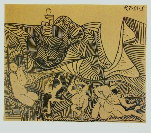Pablo Picasso (1881-1973) Linoleum Cut: Bacchanal with Pair of Lovers and Owl. December 2, 1959 (black, sepia). Facsimile color linoleum cut, Abrams edition, 1962, after the original by Pablo Picasso (1881-1973), created under the direction
