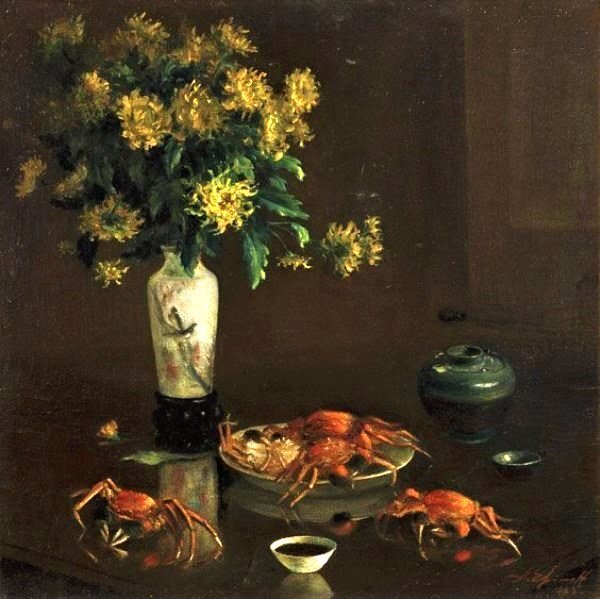 Anatole Efimoff (1897-1981) Oil Painting: Oil painting on panel by Anatole Efimoff (Russian, 1897-1981); depicting a still life in the Oriental manner with a porcelain vase of yellow chrysanthemums, a meal of crabs to the front, small sauce d