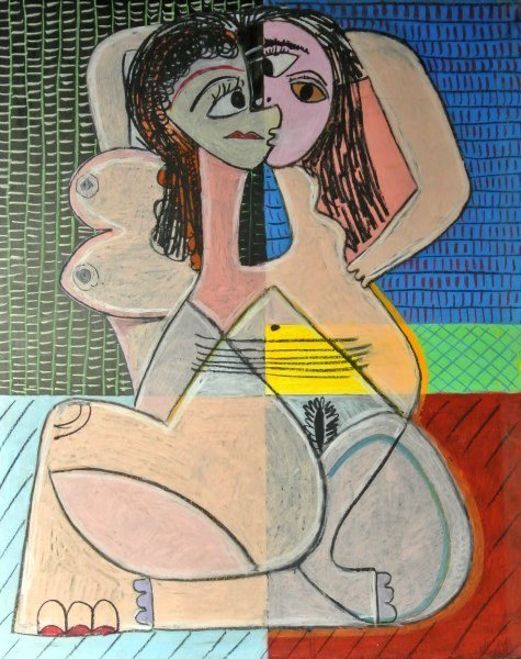 Pablo Picasso (1881-1973) Mixed Media: Mixed media on illustration board, untitled abstract, in the manner or style of Pablo Picasso (1881-1973), apparently unsigned. 39 7/8 x 31 5/8 inches. Generally good condition (some staining to rever